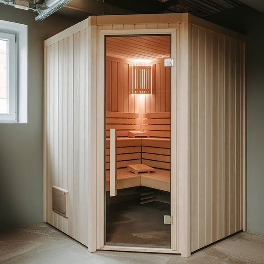 Wooden sauna room with glass door in a room with exposed pipes and concrete floor.
